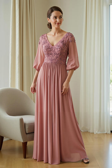 Robe de mère de la mariée en mousseline de soie rose poussiéreuse avec appliques